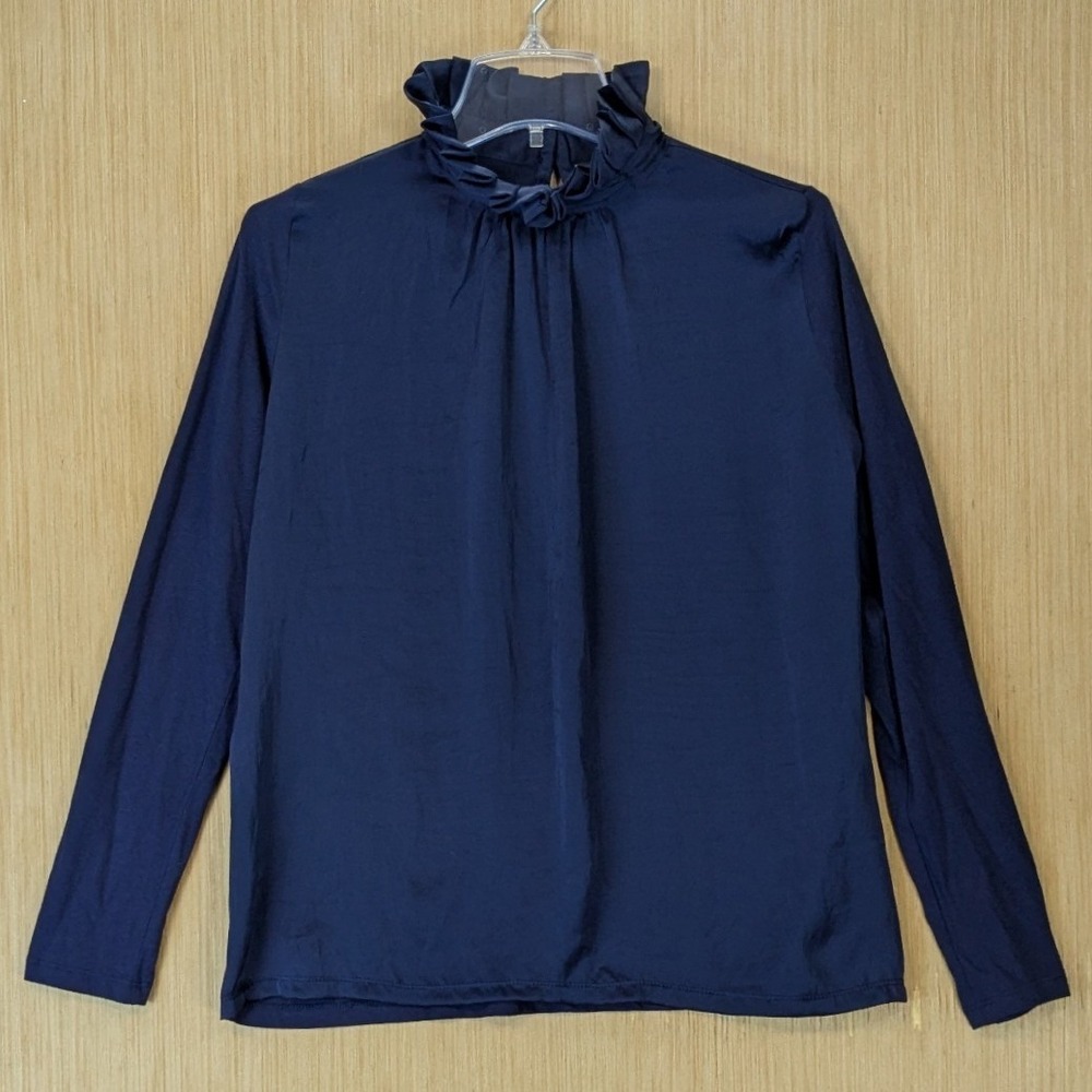 Banana Republic Preppy Modest Victorian Ruffle Neck Top Size S Navy Blue NEW